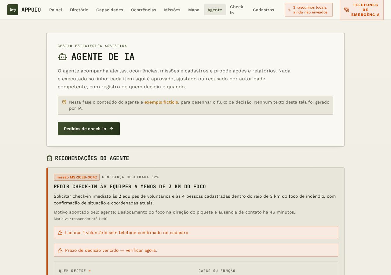Tela do agente com recomendações aguardando decisão