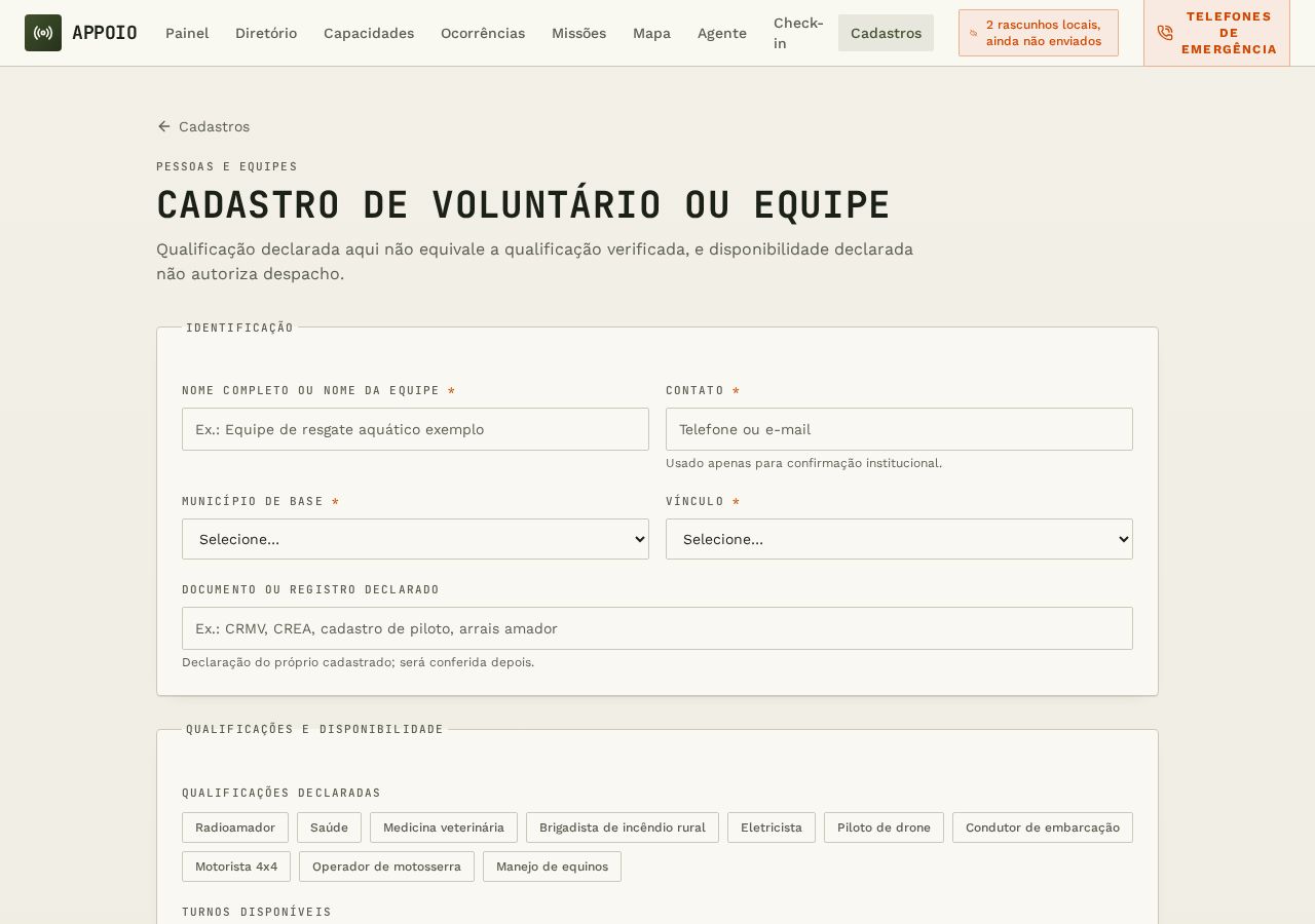 Formulário de cadastro de pessoa com dados de saúde e familiares