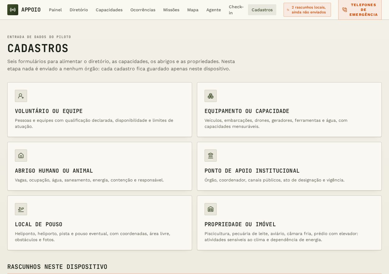 Tela de cadastros do APPOIO com os tipos disponíveis