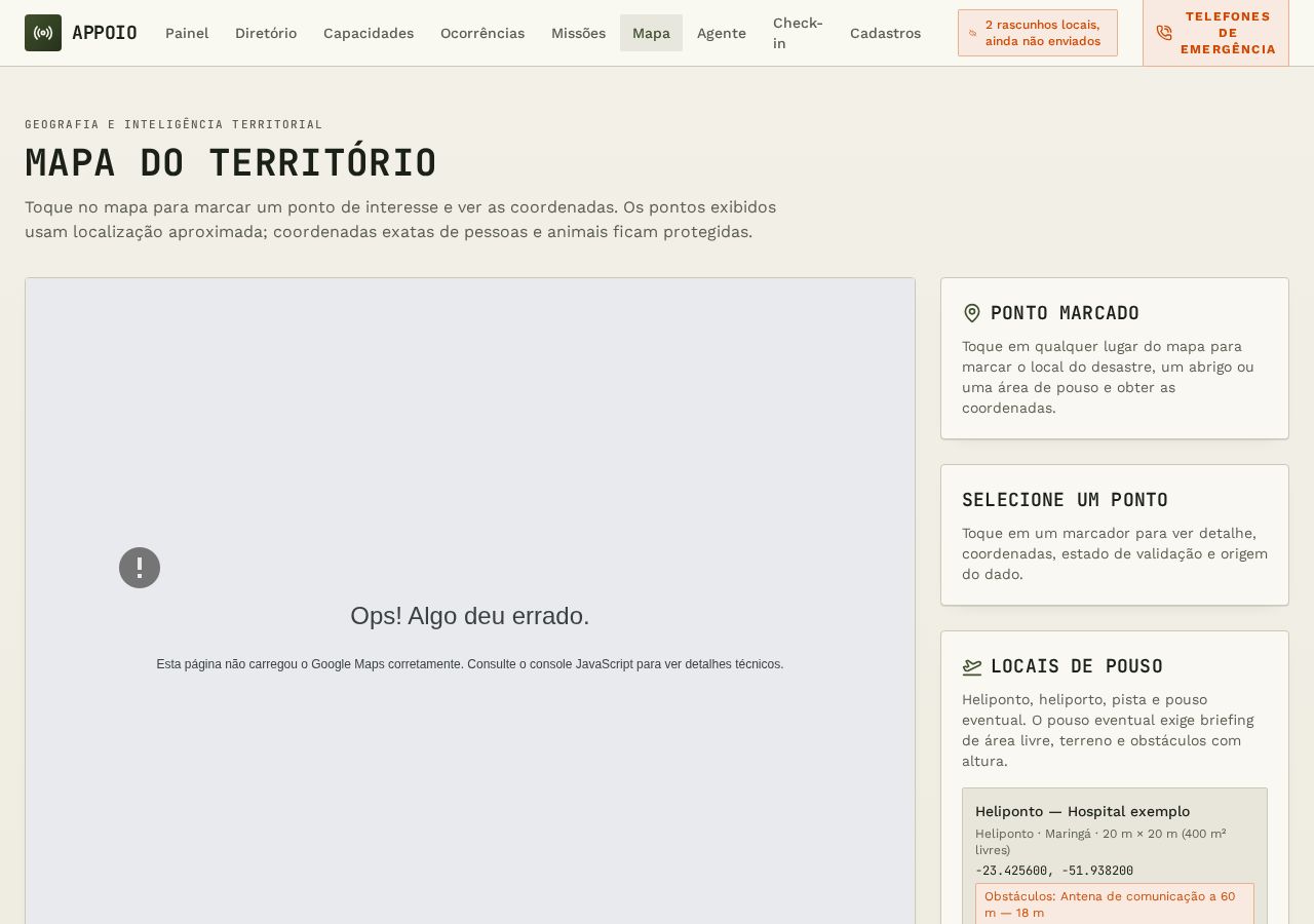 Mapa do APPOIO com pontos de interesse e coordenadas