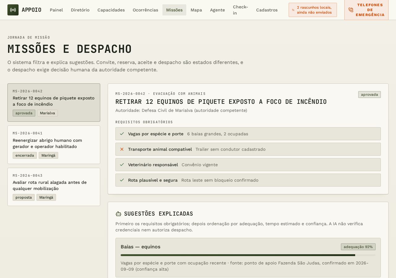 Tela de missões com recursos empenhados e prazos