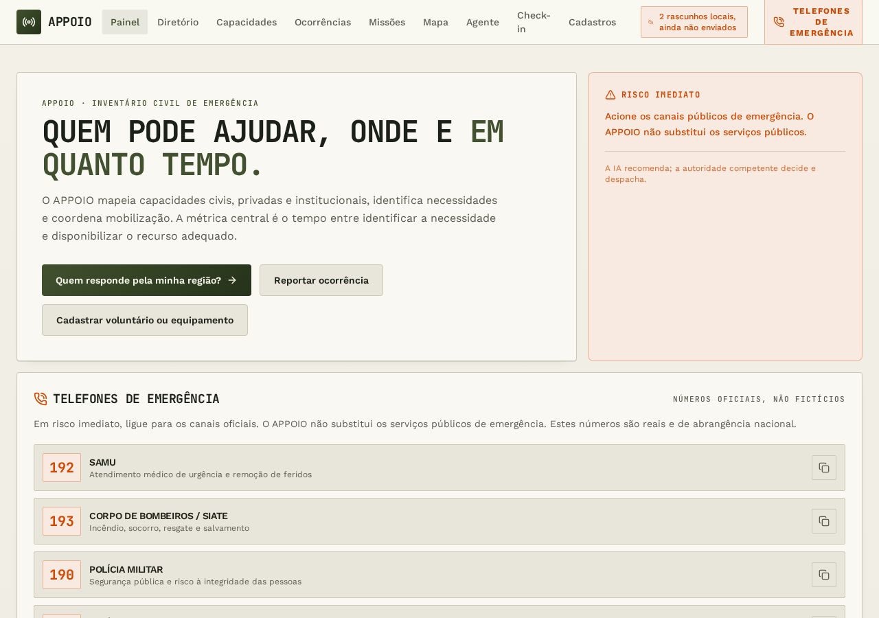 Tela de abertura do APPOIO com resumo da situação e telefones de emergência